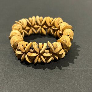 Chunky Wooden Bead Stretch Bracelet – Wide Boho Floral Hawaiian Style